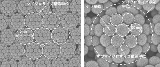 マイクロ-サブマイクロ-ナノ階層構造の例（酸化銅（CuO）による3重階層構造）