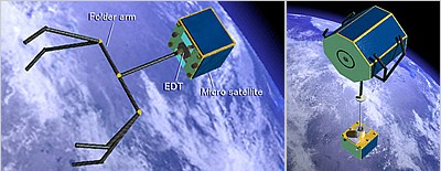 おそうじロボット衛星のイメージ。ターゲットとなるデブリにアームを延ばしてしがみついて、デザーをのばし、大気圏に一緒に突入する。（提供：JAXA）