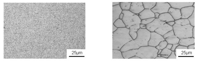 開発材の結晶粒（左）と従来材（一般的なSUS304）の結晶粒（右）